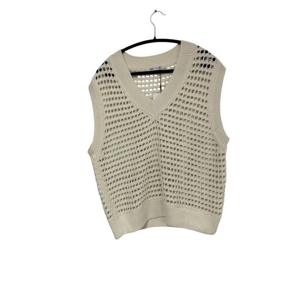 Zara Mens Cutwork Sweater Vest Size M Ivory Open Knit Crochet 1023/300 NWT - Picture 2 of 14